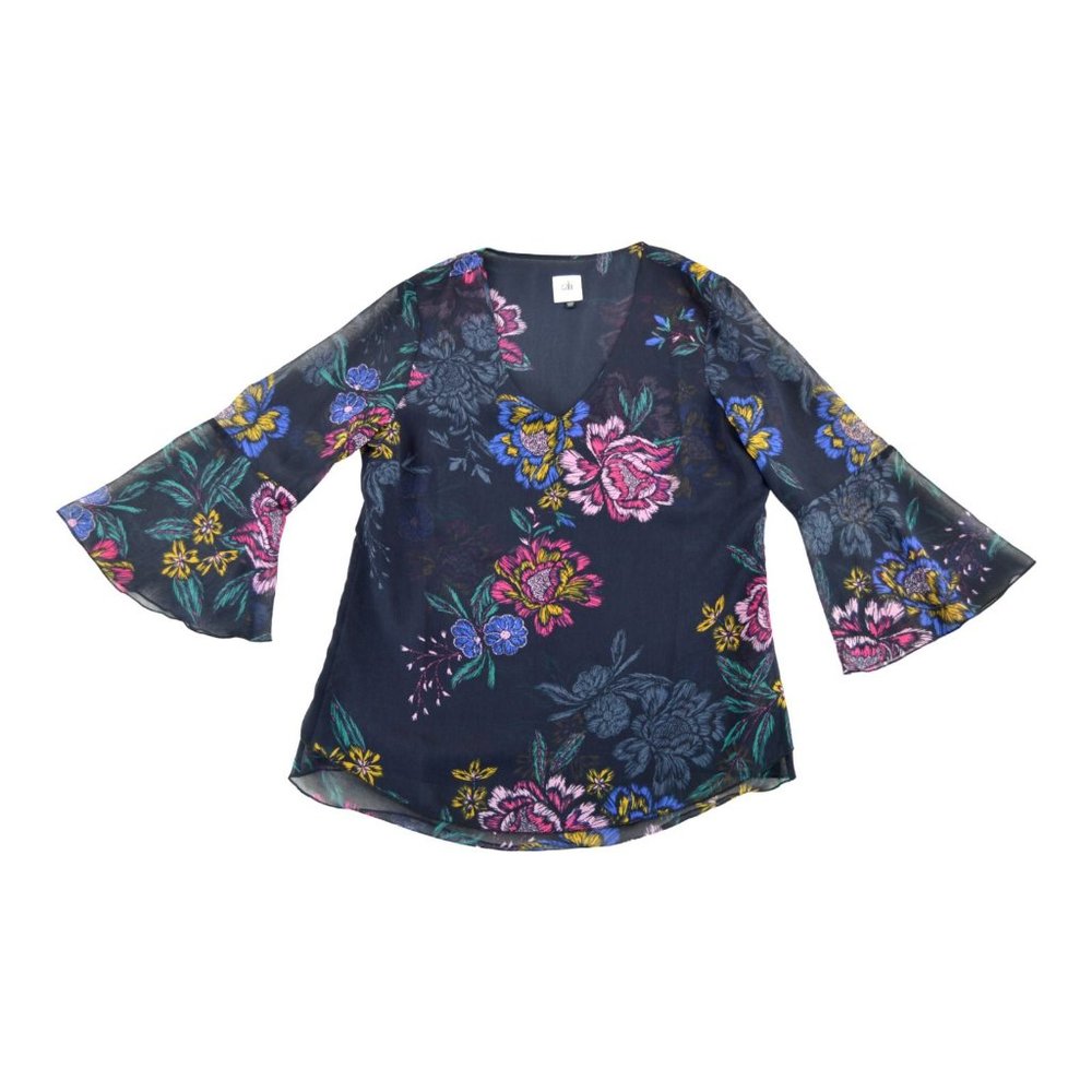 Cabi Olivia Blouse, Bell Sleeve, Floral, 3/4‎ Sleeve, Navy, Career, Size S